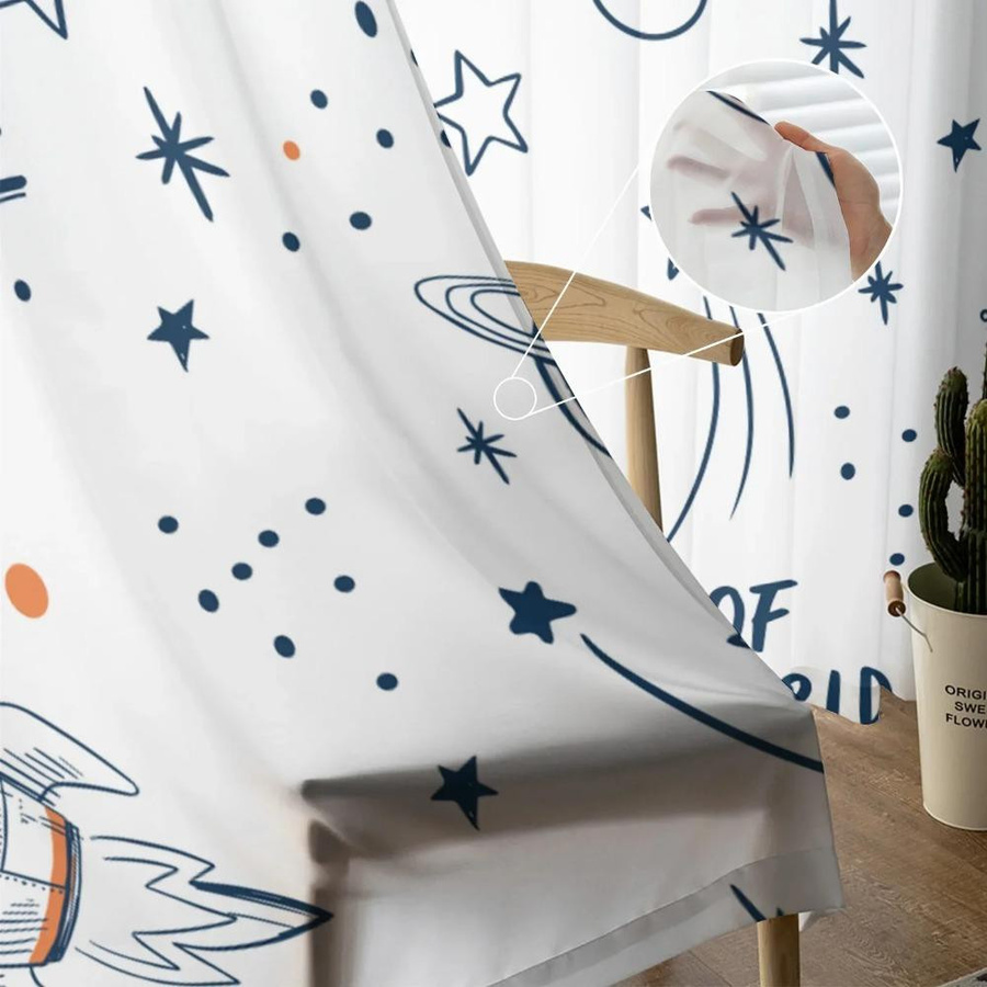 Yiran Furniture Transparentes Voile-Organza-Fenstervorhang mit Raketen-Cartoon-Weltraum-Motiv in Weiß, Breite: 135 cm, Höhe: 115 cm - Bild 2
