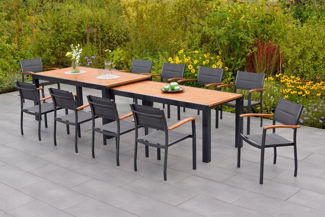 Merxx Gartenmöbelset Paxos 12-teilig aus Akazie, Aluminium und Textil in Grau mit ausziehbarem Tisch - Bild 1