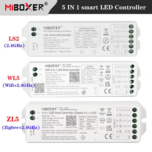Miboxer 5-in-1 LED-Controller LS2 Zigbee und WLAN mit 2,4 G, Dimmer für RGBW, 12–24 V, kompatibel mit Alexa und Google Assistant - Bild 1