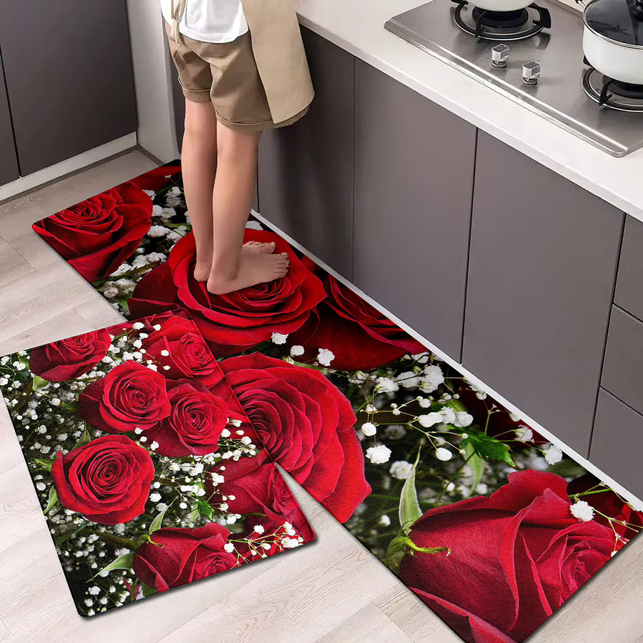 VIKAMA Teppich mit romantischem Rosendruck in Rot, rutschfest und schmutzabweisend, ideal für Küche, Badezimmer oder Eingangsbereich - Bild 4