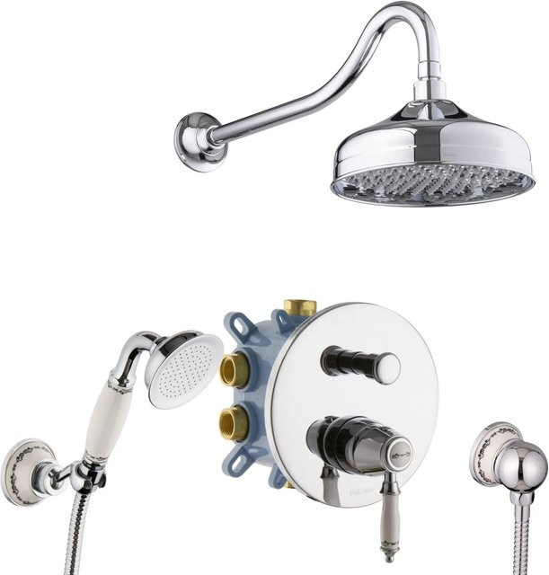 PaulGurkes Dusch-Set Unterputz Nostalgie Retro in Antik-Optik mit Keramik-Elementen und Hand- sowie Kopfbrause, Farbe: Silber/Chrom - Bild 1