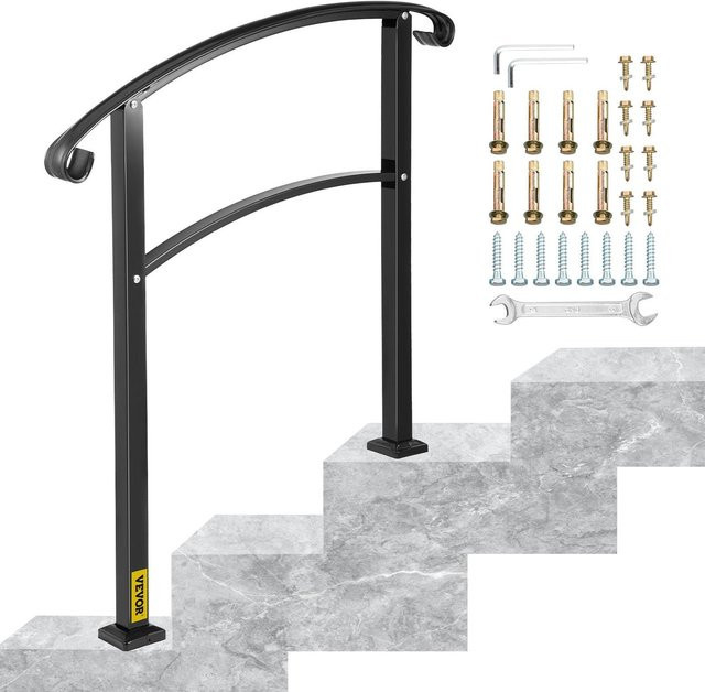 Buying Solutions MB 3-stufiger Übergangs-Handlauf aus Schmiedeeisen in Schwarz Matt für Außentreppen mit Installationskit - Bild 1