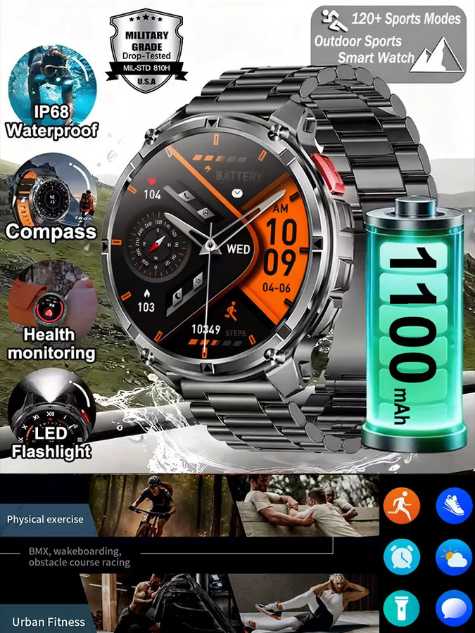 BOXUXING Military Stratos 4 Ultra Smartwatch für Männer mit GPS, Kompass und IP68 Wasserdichtigkeit in Schwarz und Orange - Bild 6