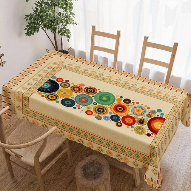 JINGYUE Pet Boho Tischdecke mit buntem Kreis-Muster, wasserabweisend und quadratisch, Mehrfarbig, B/T: 140 x 140 cm - Bild 1
