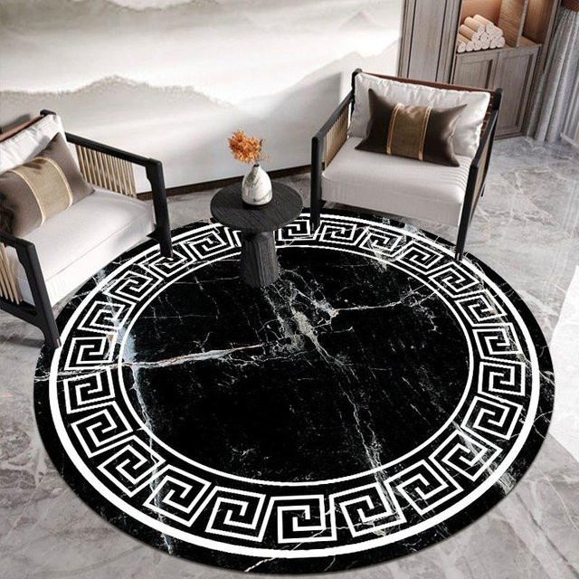Karpetti Rundteppich Geometrisches Design in Schwarz Gelb Weiß, Waschbarer Bodenmatten im Marmor-Stil für Wohnzimmer und Schlafzimmer, Durchmesser: 140 cm - Bild 1