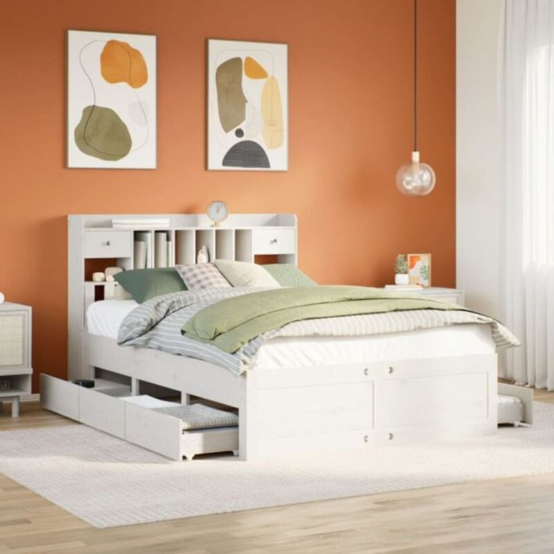 Massivholzbett Vidaxl aus Kiefer mit Regal in Weiß, B/T/H: 140 x 200 cm - Bild 1
