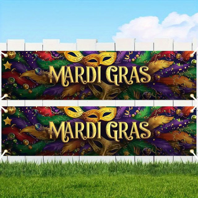 OURFETE Mardi Gras Party Banner Dekoration mit Federmasken-Motiv, Mehrfarbig, B: 200 cm, H: 45 cm - Bild 1