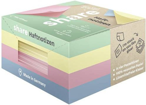 Share Etikettenblock Haftnotizen 4-0017 in Pastell-Gelb, Pastell-Rosa, Pastell-Blau und Pastell-Grün, 4 Stück, B/H: 7,5 x 7,5 cm - Bild 1