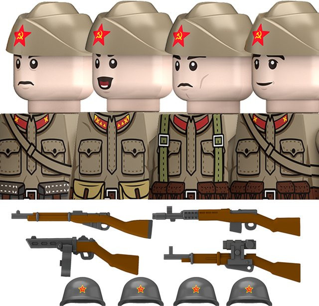 Brangdy Spielzeug Bausteine Sowjetische M35 Uniform Figuren WW2 Russland Armee Infanterie mit Stahlhelm und PPS Waffen, Mehrfarbig - Bild 1