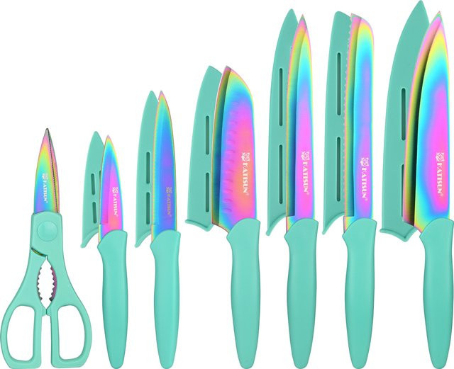 Katisun 13-teiliges Regenbogen-Küchenmesserset aus titanbeschichtetem Kohlenstoffstahl in Multicolour - Bild 1