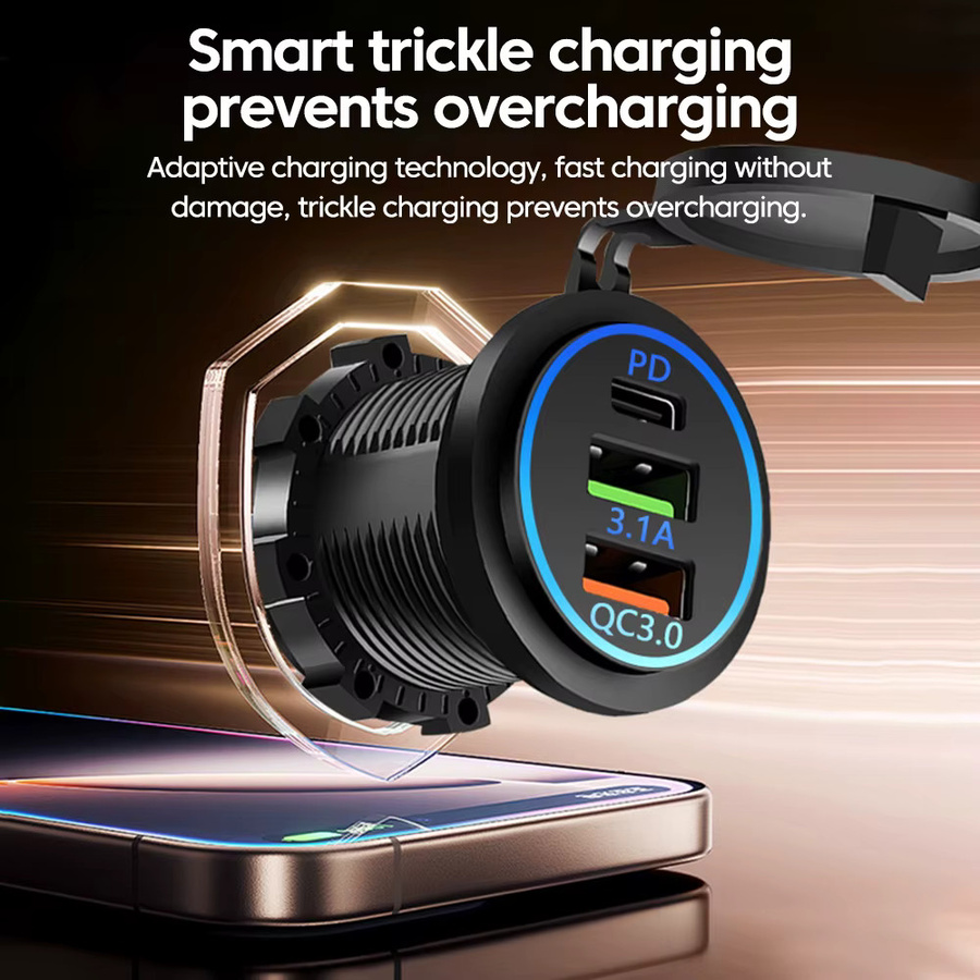 Wasserdichtes Dual USB Typ-C Ladegerät für Motorrad und Auto mit QC3.0 und 12V-24V Voltmeter in Schwarz - Bild 2
