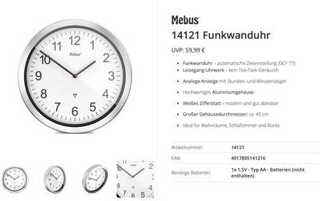 Mebus 14121 Funk-Funkuhr aus Aluminium mit Leisegang-Uhrwerk, Durchmesser: 45 cm - Bild 1