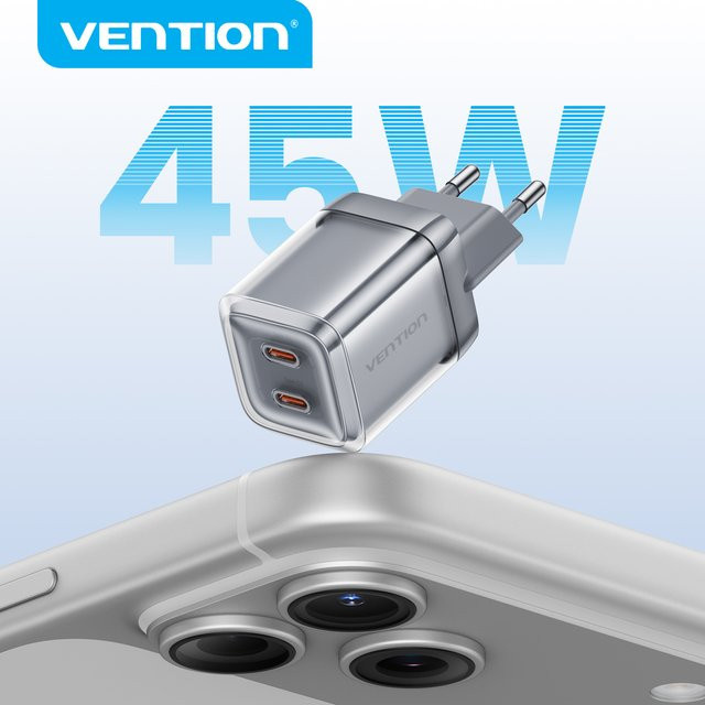 Vention GaN Ladegerät 45W mit USB-C, PD und QC3.0 Schnellladung, Farbe: Weiß - Bild 1