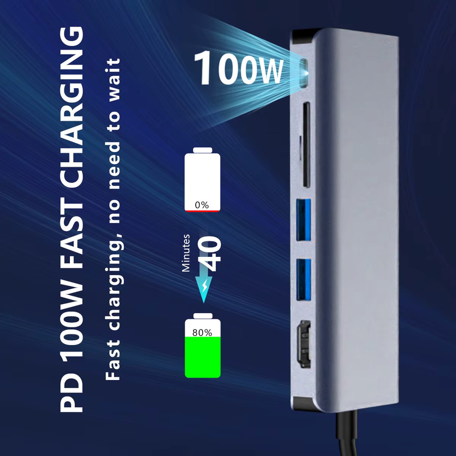 Gopala 7-in-1 USB-C Multi-Hub-Dockingstation in Grau mit HDMI, PD 100W, RJ45, SD/TF-Kartenleser und USB 3.0 für MacBook und Laptop - Bild 2