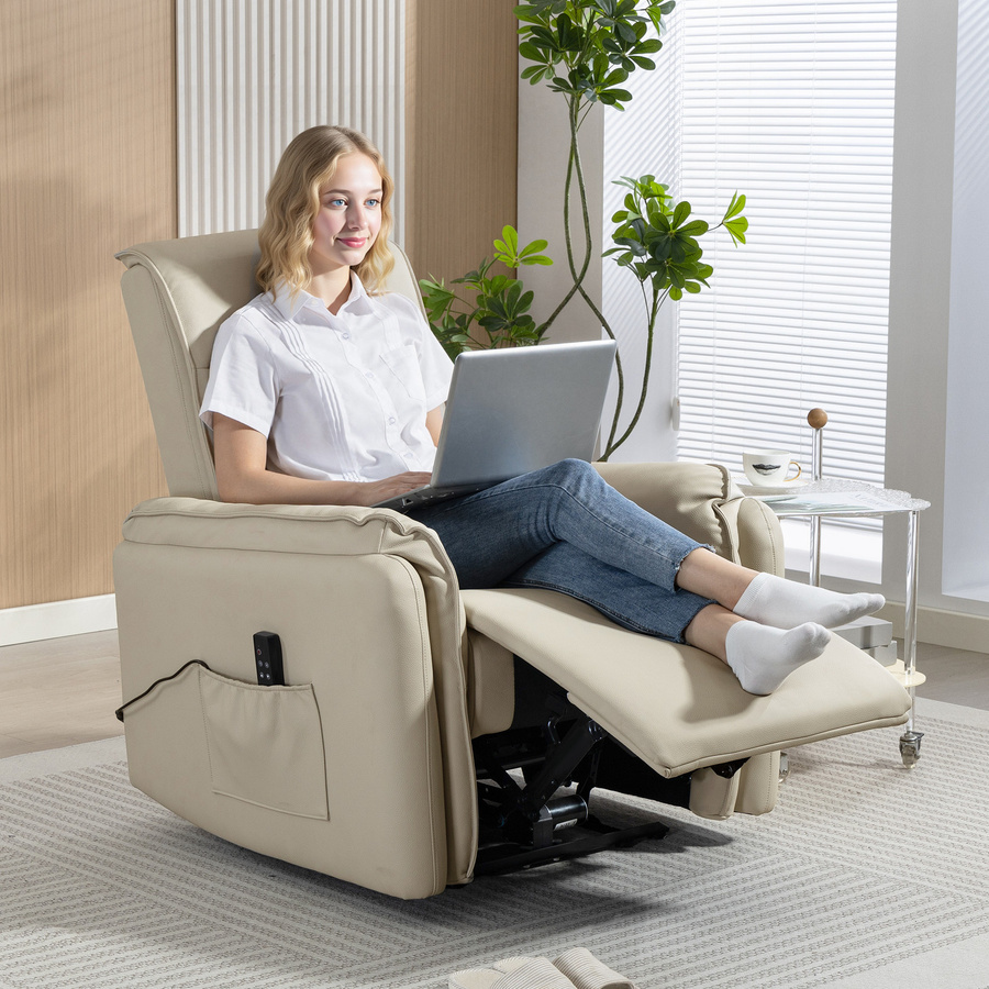 HOMCOM Relaxsessel mit Knetmassage und Liegefunktion in Beige aus Kunstleder mit Fußteil und Seitentasche - Bild 2