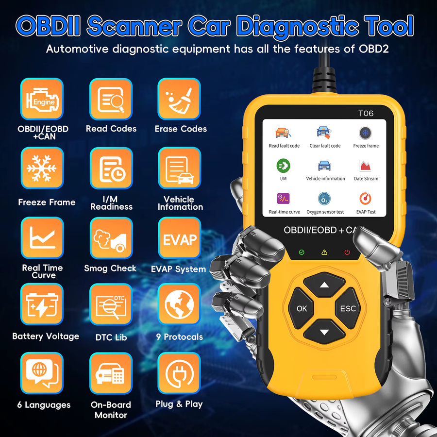 RUOGINSS OBD2-Scanner Diagnosetool in Gelb mit Engine-Codeleser und Fehlercode-Reset für Auto-OBDII/EOBD-Systeme - Bild 3