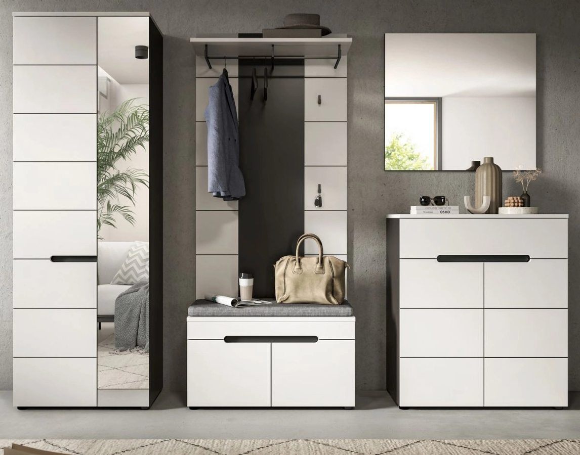 Inn.Furn Garderoben-Set Cooper 5-teilig in Weiß und Grau mit Spiegel, Bank und Schuhschrank, Breite: 255 cm - Bild 3