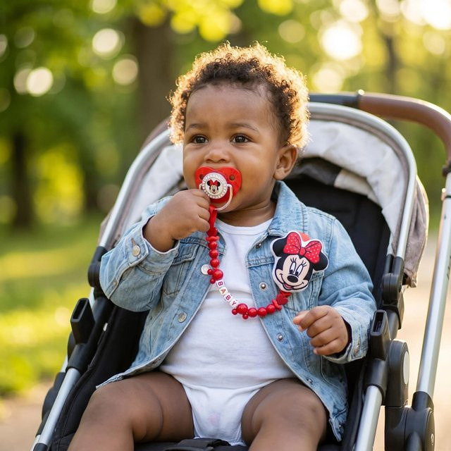 Personalisierter Disney Schnullerhalter aus Silikon in Rot mit individuellem Namen für Neugeborene - Bild 1