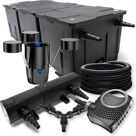 SunSun Teichfilter Set Neo10000 in Schwarz mit 80W Pumpe, 36W Klärer, 25m Schlauch und Skimmer für bis zu 90000L