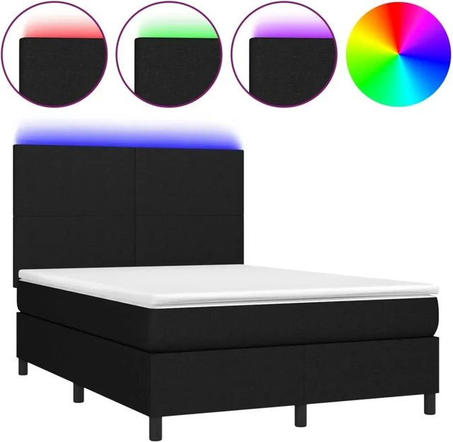 vidaXL Boxspringbett mit Matratze und LED-Unterbettbeleuchtung in Schwarz, Hybrid-Design mit Taschenfederkern, B/T: 140 x 190 cm - Bild 1