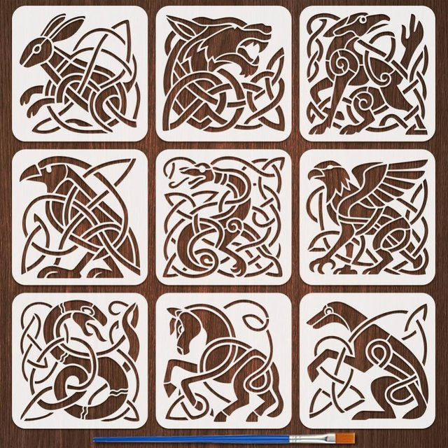 9 Stück keltische Tiere Kunststoff-Malschablonen mit Pinsel, wiederverwendbare Zeichenvorlagen für DIY-Dekorationen, B/B: 20 x 20 cm - Bild 1