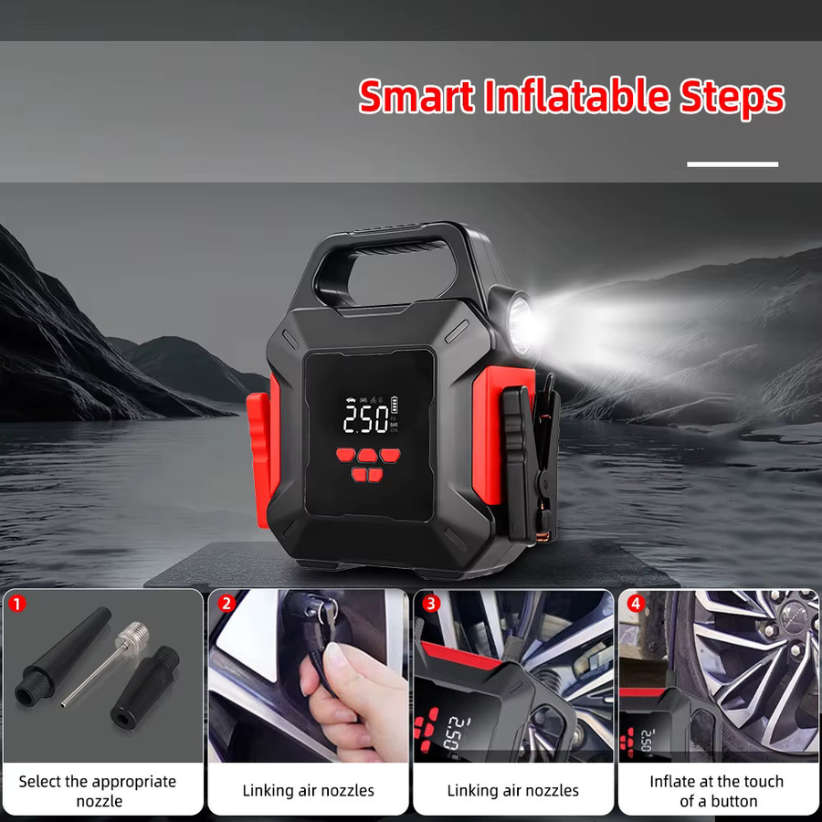Podofo J28 Auto-Starthilfe mit 16000mAh und integriertem Luftkompressor, Tragbarer Fahrzeugbatterie-Booster in Schwarz - Bild 3