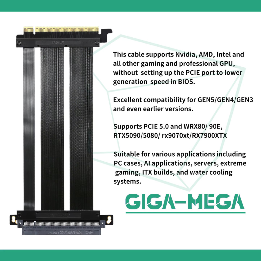 GIGA-MEGA PCIe 5.0 Riser-Kabel, Gerade, Schwarz, PCIe 5.0 x16 mit 64GB/s Geschwindigkeit, kompatibel mit RTX5090/RX9070 und PCIe 4.0 - Bild 3