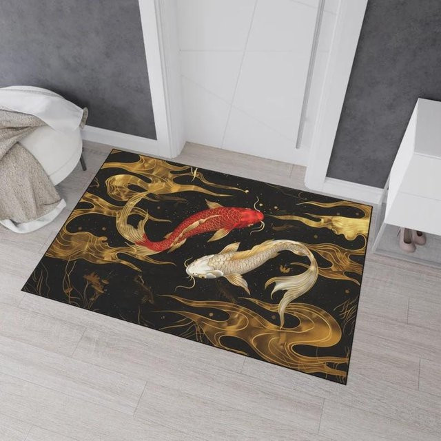 Lodestar Badvorleger Koi Fisch Design, rutschfest und saugfähig, Boho Badezimmer Teppich, B/B/H: 50 x 30 x 1 cm, Mehrfarbig - Bild 1