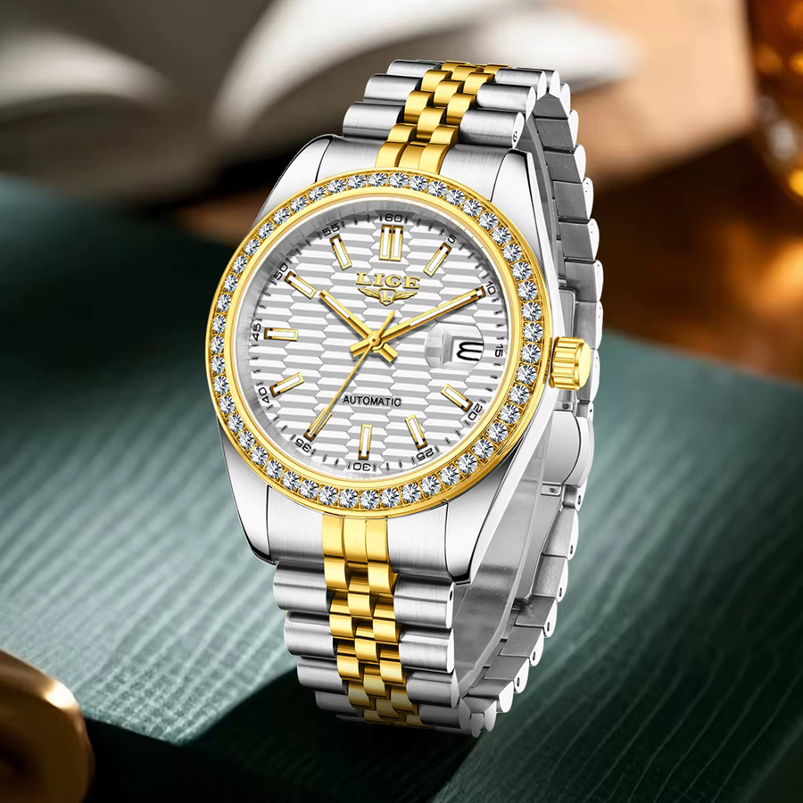 LIGE Armbanduhr Automatik, Edelstahl, Silber, Bicolor, Herren - Bild 5
