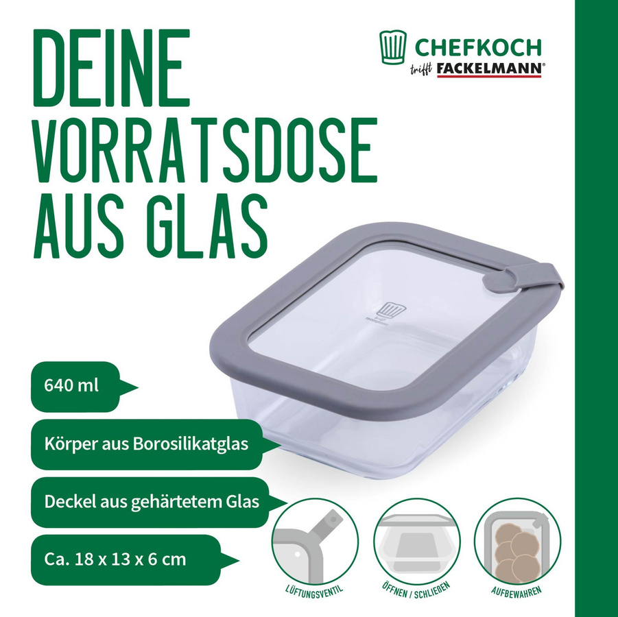Fackelmann Chefkoch Vorratsdose aus Glas, eckig, transparent, 640 ml - Bild 3