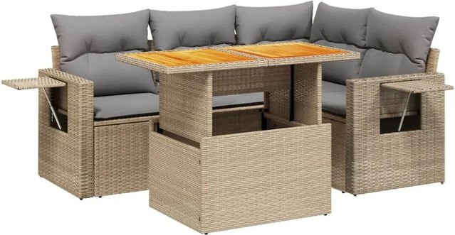 vidaXL 5-teilige L-Shape Garten-Sofagarnitur aus Poly-Rattan und Akazienholz in Beige mit UV-beständigen Kissen - Bild 1