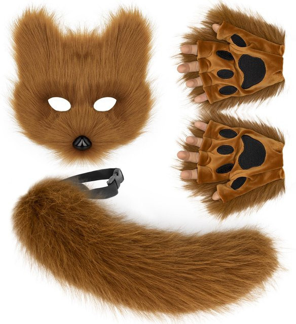 YIRAN Fuchsmaske, Wolf Fuchs Schwanz und Pfoten Handschuhe Set, Erwachsene, Braun, Bunt / Mehrfarbig - Bild 1