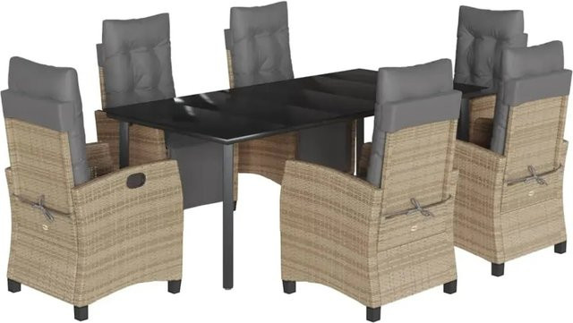 vidaXL 7-teilige Garten-Essgruppe aus Poly Rattan mit Kissen und Tisch aus gehärtetem Glas in Schwarz, Beige und Grau - Bild 1
