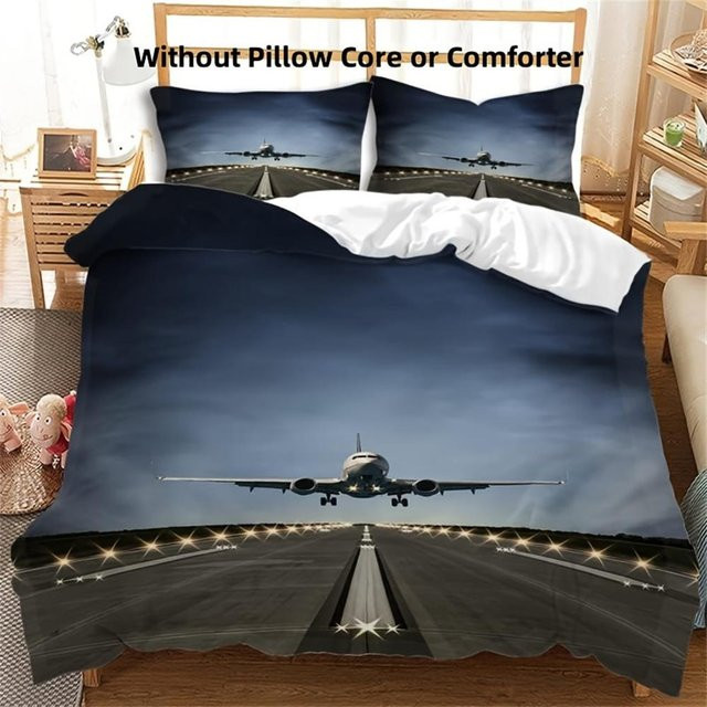 Bettwäsche-Set Flugzeug Landebahn von Your Warm Home in Blau, atmungsaktives Polyester mit Kissenbezügen, Queen Size 228 x 228 cm - Bild 1