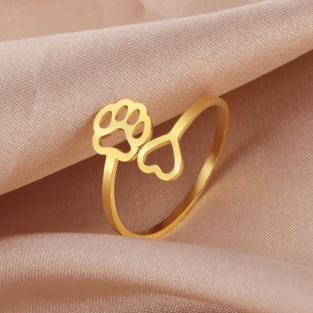 Ring Hundepfote Herz, Edelstahl, Gold, Damen, verstellbar - Bild 1
