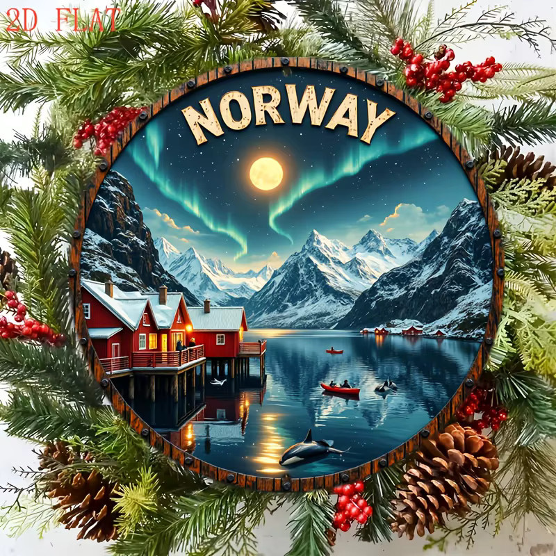 Potdemiel Wandkunst Norwegen Nordlichter Metallschild Skandinavischer Stil, Durchmesser: 20,3 cm, Mehrfarbig - Bild 5