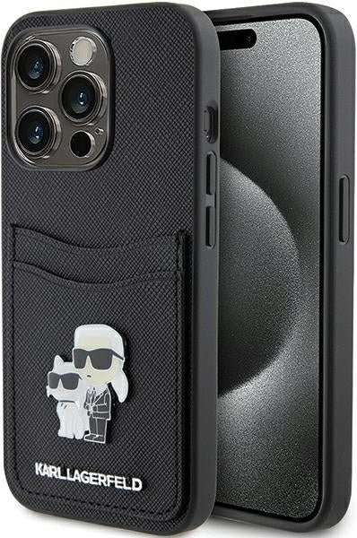 Karl Lagerfeld iPhone 15 Pro Hülle mit Kartenfach aus Saffiano Leder in Schwarz - Bild 1