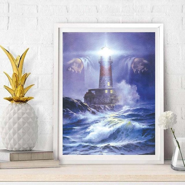 Diamantgemälde FIYO Hände Jesu und Leuchtturm als moderne Diamantstickerei in Multicolour, Breite: 20 cm, Höhe: 30 cm - Bild 1