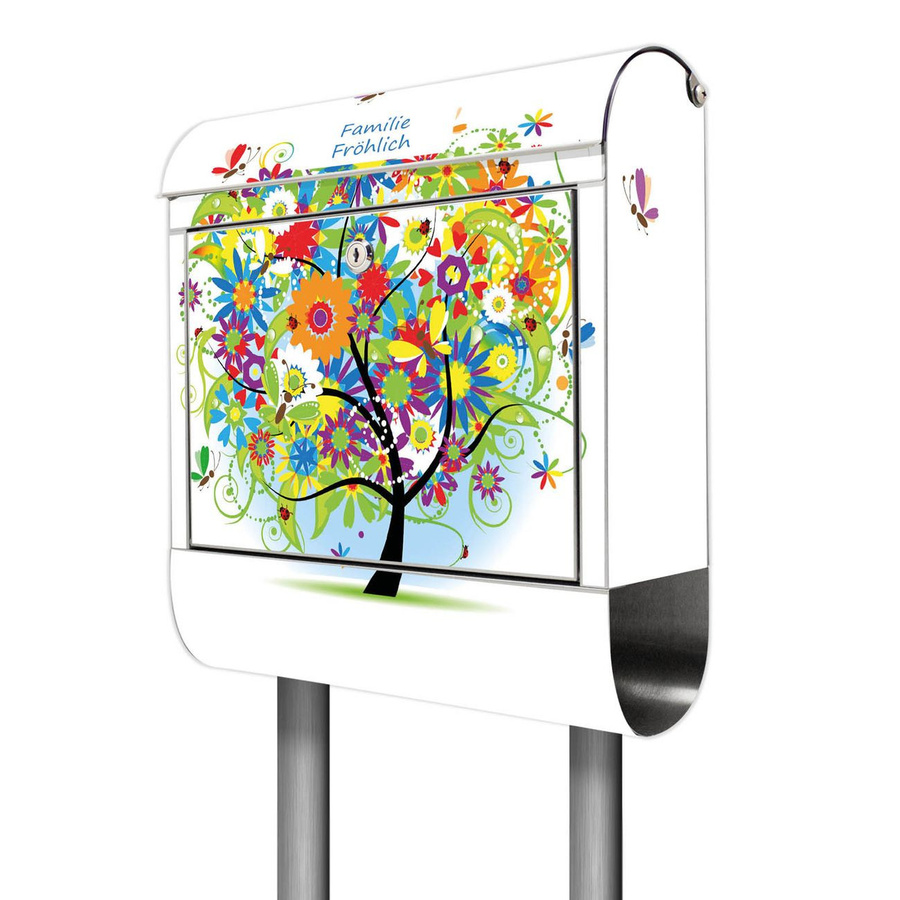 banjado Design Standbriefkasten mit Zeitungsfach und Motiv Zauberbaum in Weiß, B/T/H: 38 x 14 x 161,5 cm, aus rostfreiem 18/0 Edelstahl mit A4-Einwurf und 2 Schlüsseln - Bild 1