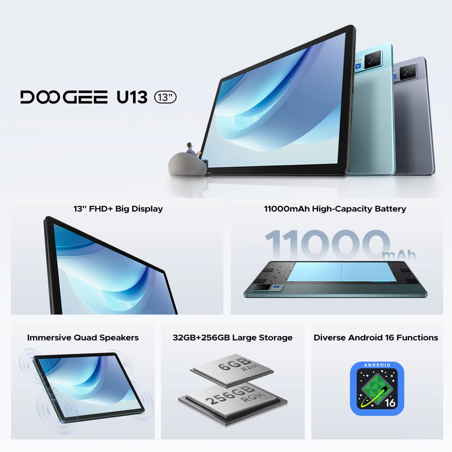 Doogee U13 2-in-1 Tablet-PC mit 13 Zoll Display, Android 16, 6GB RAM, 256GB Speicher, 11000mAh Akku, Quad-Lautsprecher, UNISOC T7280, Widevine L1, Schwarz - Bild 3
