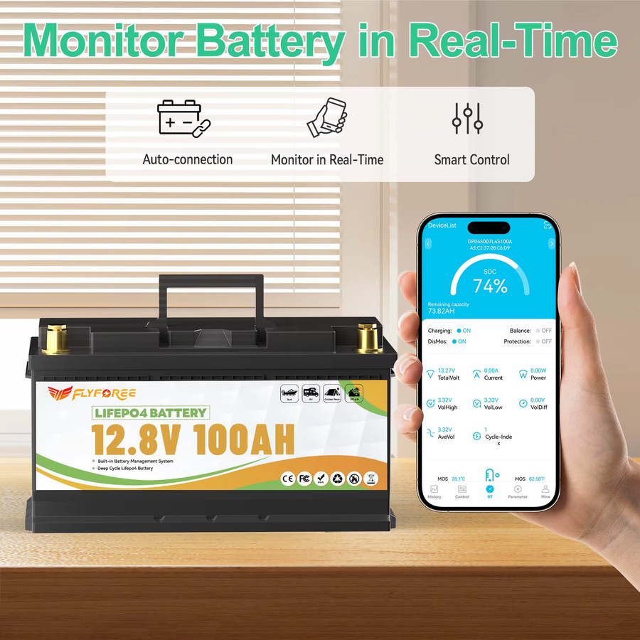 FLLYROWTH 12V 100Ah LiFePo4 Lithium-Batteriepack mit Bluetooth und 100A BMS für Wohnmobil, Boot und Solar-Anwendungen - Bild 5