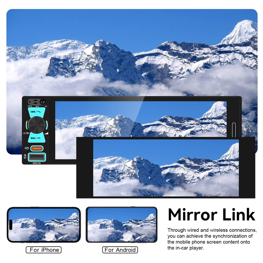 Podofo 1DIN Multimedia-Autoradio mit 6,5 Zoll Incell Touchscreen, Carplay, Android Auto und Mirror Link in Schwarz - Bild 4