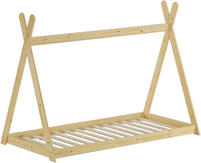 Erst-Holz Kinderbett Tipi Spielbett aus Kiefer Massivholz inklusive Rollrost, Farbe: Weiß/Beige, B/T/H: 90 x 200 x 120 cm - Bild 1