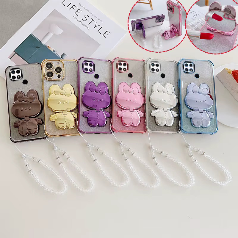 Stoßfeste Handyhülle mit Hasen-Motiv, drehbarem Ständer und Kristall-Lanyard für Xiaomi Redmi 10C 10 Power und Poco C40 in Pink - Bild 1