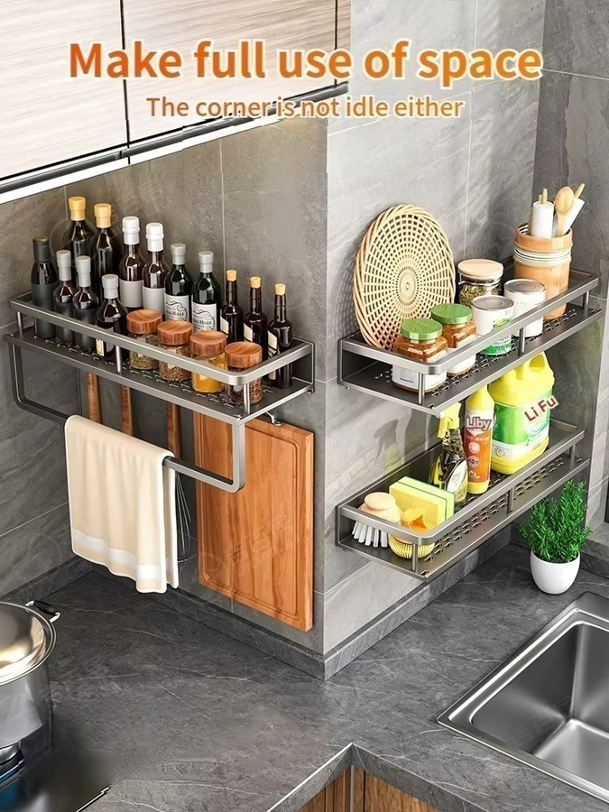YUNJIEYA Aluminium-Küchenregal zur Wandmontage in Silber Matt, Gewürz-Organizer und Aufbewahrungsregal für Küche und Badezimmer, B/T/H: 30 x 30 x 30 cm - Bild 2