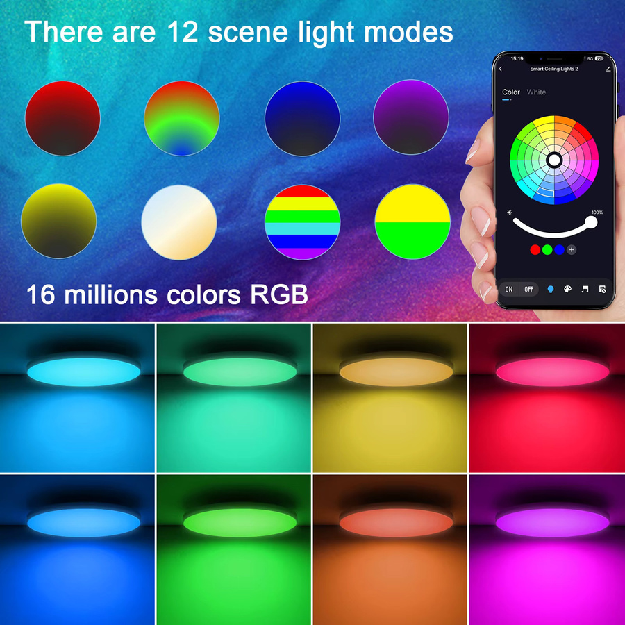 Oeegoo Smart LED-Deckenleuchte mit 24 W, dimmbar, RGB-Farbwechsel, Fernbedienung und App-Steuerung, weiß - Bild 6