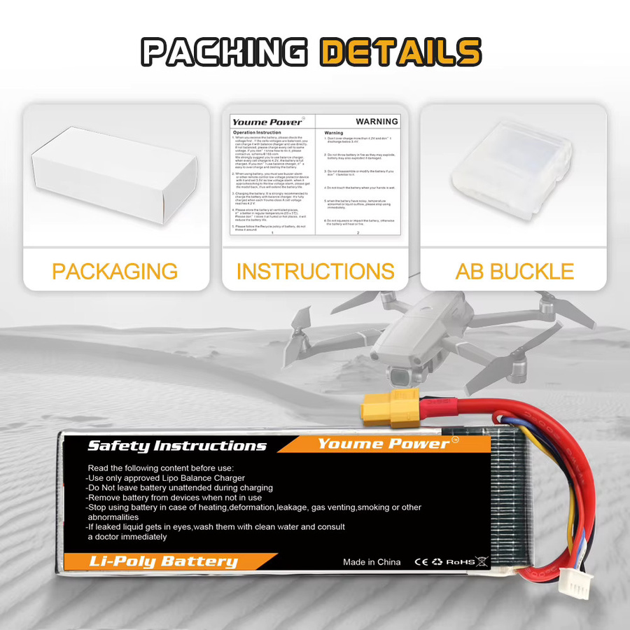 Youme 4S LiPo Akku 14,8V 5200mAh 50C mit XT60 Anschluss für RC FPV Flugzeuge, Drohnen, Racing-Modelle und Boote - Bild 5