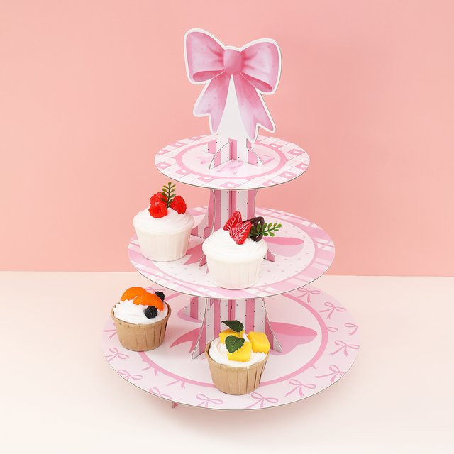 Huiran Einweg-Kuchenständer mit rosa Schleife aus Papier für Geburtstag und Party Dekorationen - Bild 1