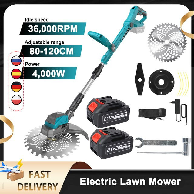 Bürstenloser elektrischer Rasenmäher Makita LXT mit 36000 U/min und 10 Zoll Akku-Rasentrimmer in Blau für Makita 21V Akkus - Bild 1