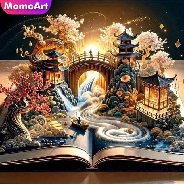Momoart 5D Diamantmalerei DIY Landschaftsmosaik mit Haus und Brücke, Rund, Multicolour, Durchmesser: 20 cm - Bild 1